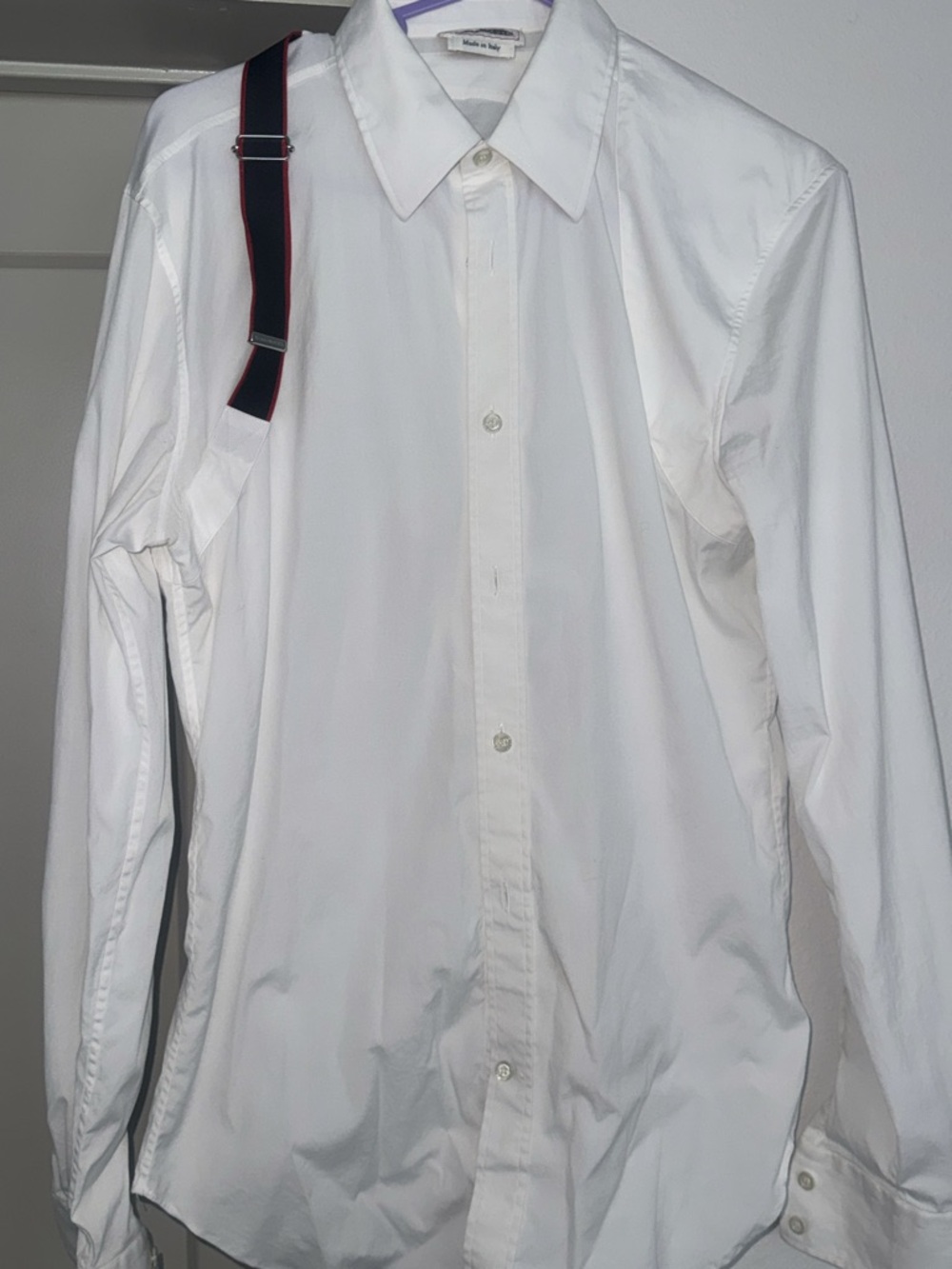 Alexander McQueen White Dress Shirt with Black and Red Strap Detail
